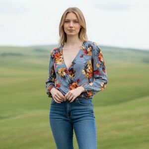 Abbeline Floral Wrap Blouse - Blue and Orange